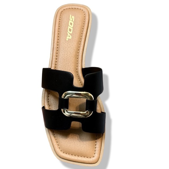 Soda Shoes - SODA FENG SANDALS Black Faux Leather Slide Gold Buckle Sz 10